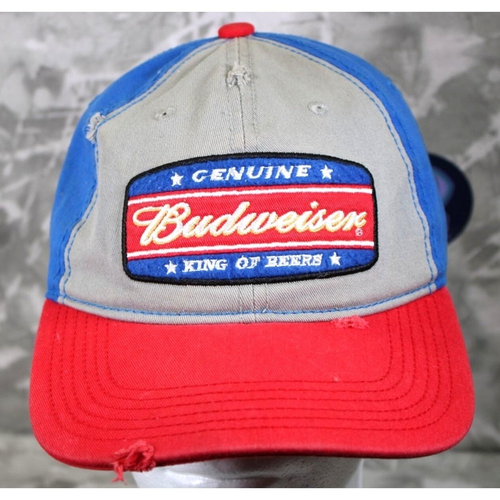 Budweiser King of Beers Patch Ball Cap Distressed Hat Snap Back